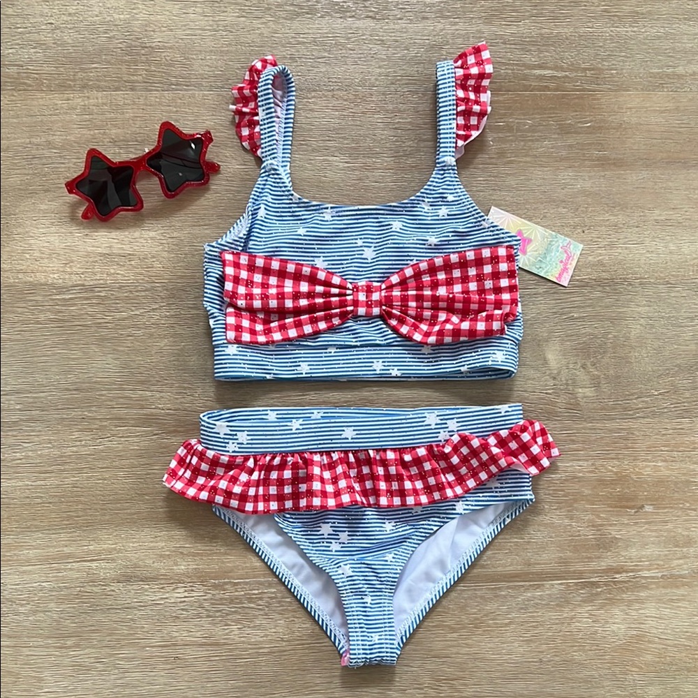 Btween Girls Americana Gingham Stars Sparkle 3 Piece Swim Set 5 Swimsuit